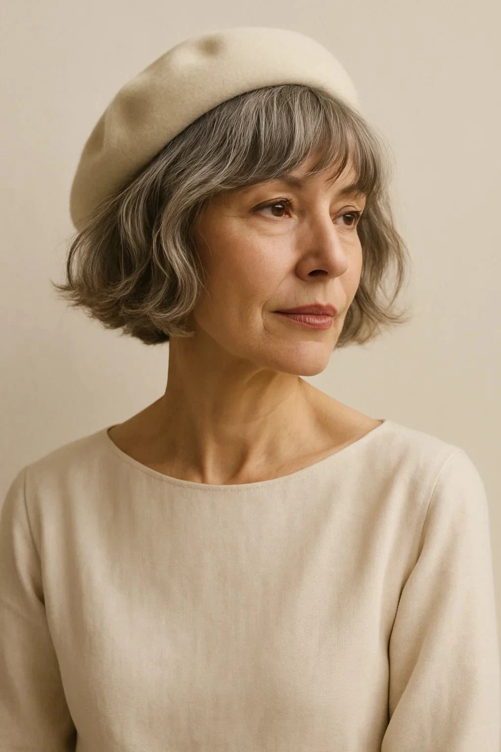 Woman over 50 with a french bob haircut and short bangs