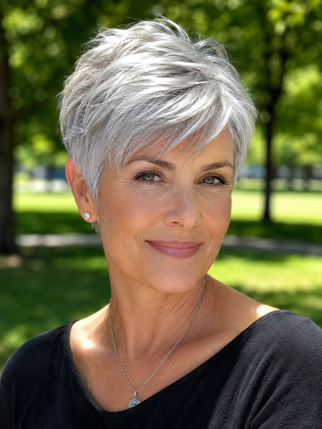 Older woman with silver short layered hair and wispy bangs