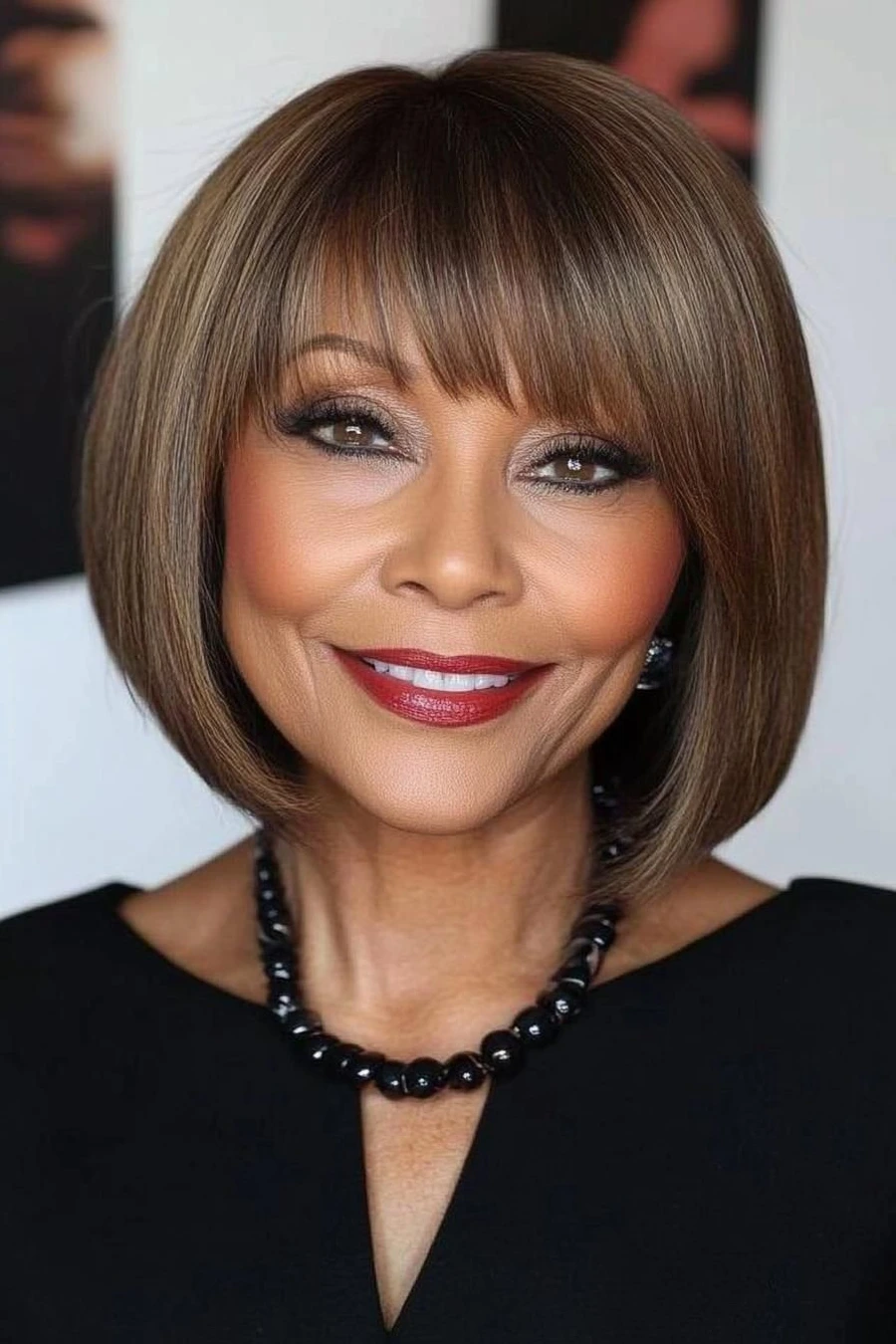 Mature woman with a rounded bob and full bangs