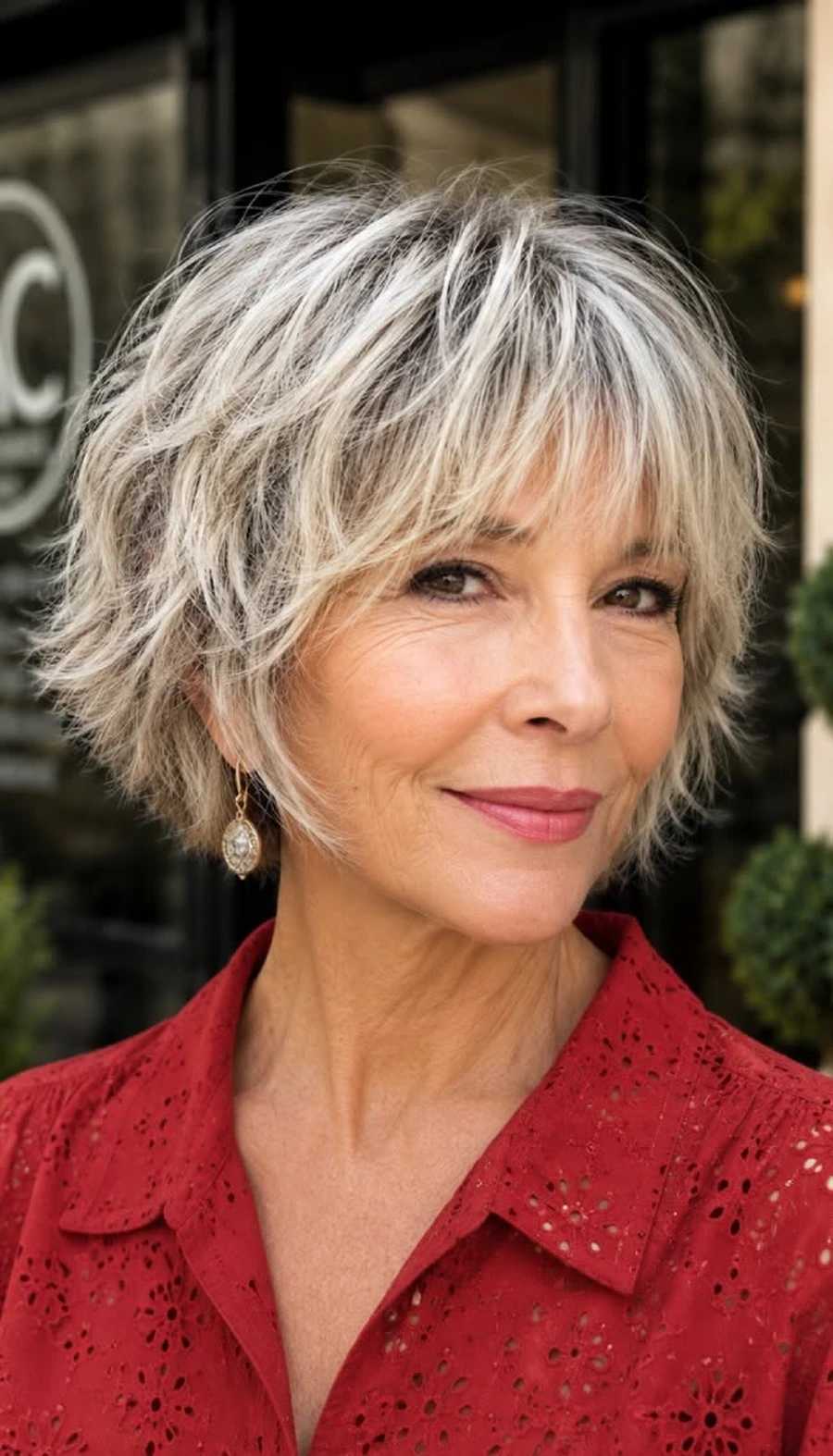 Woman over 50 with a soft shaggy bob and feathered fringe