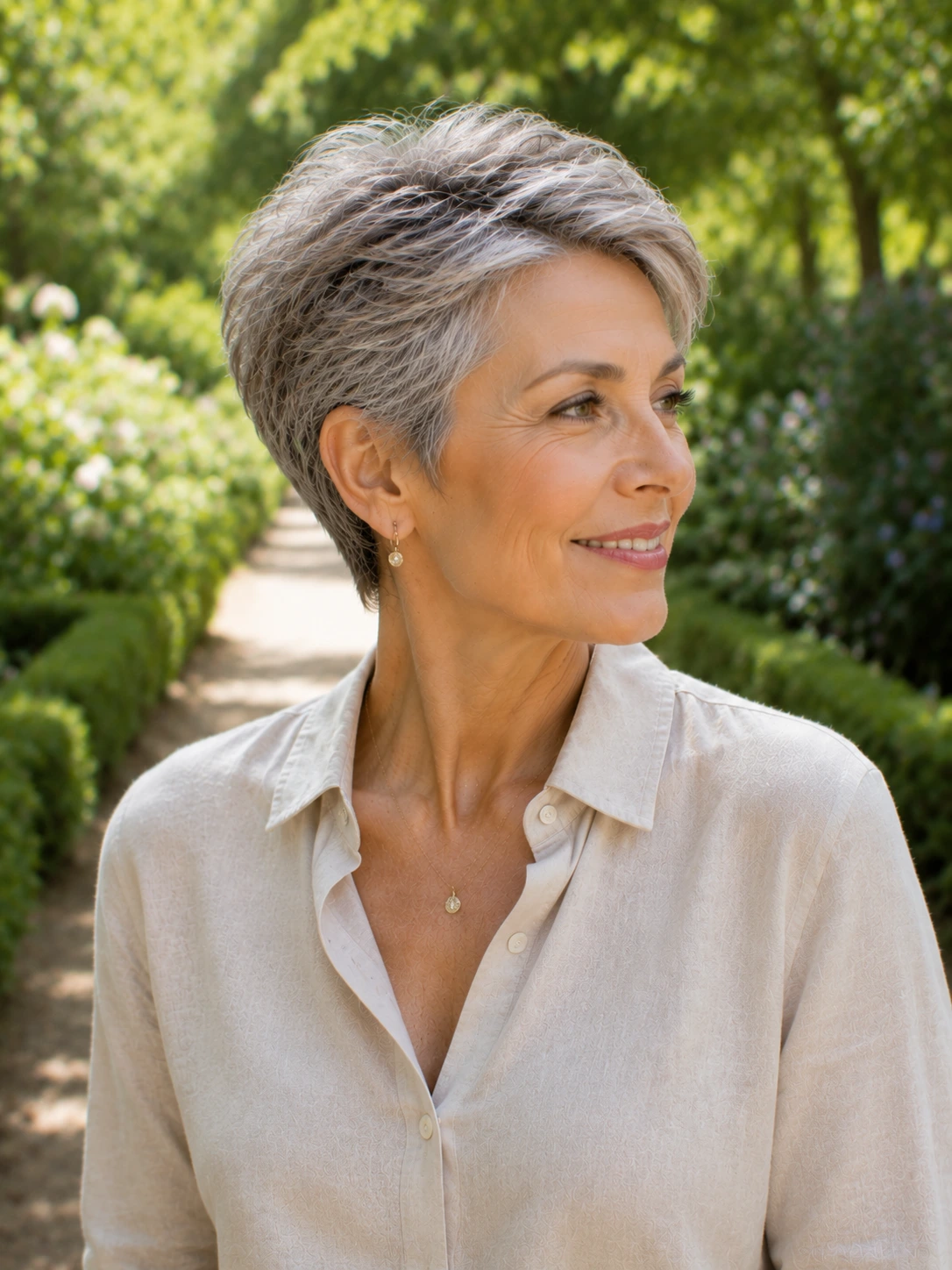 Woman over 50 with a voluminous pixie and lifted bangs
