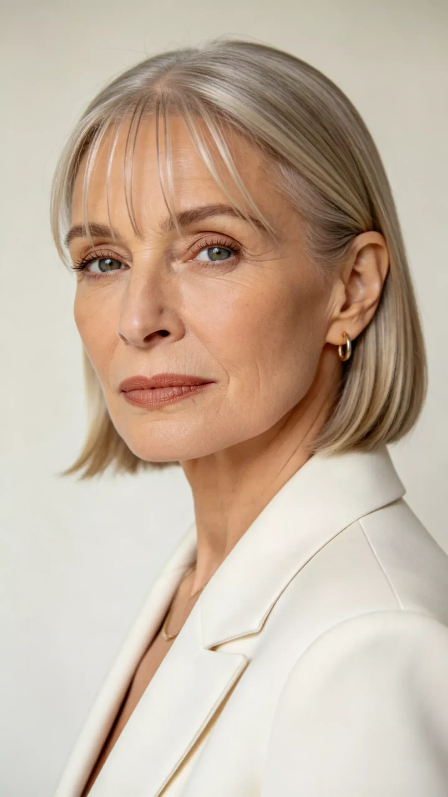 Mature woman with a jaw length bob and side swept fringe