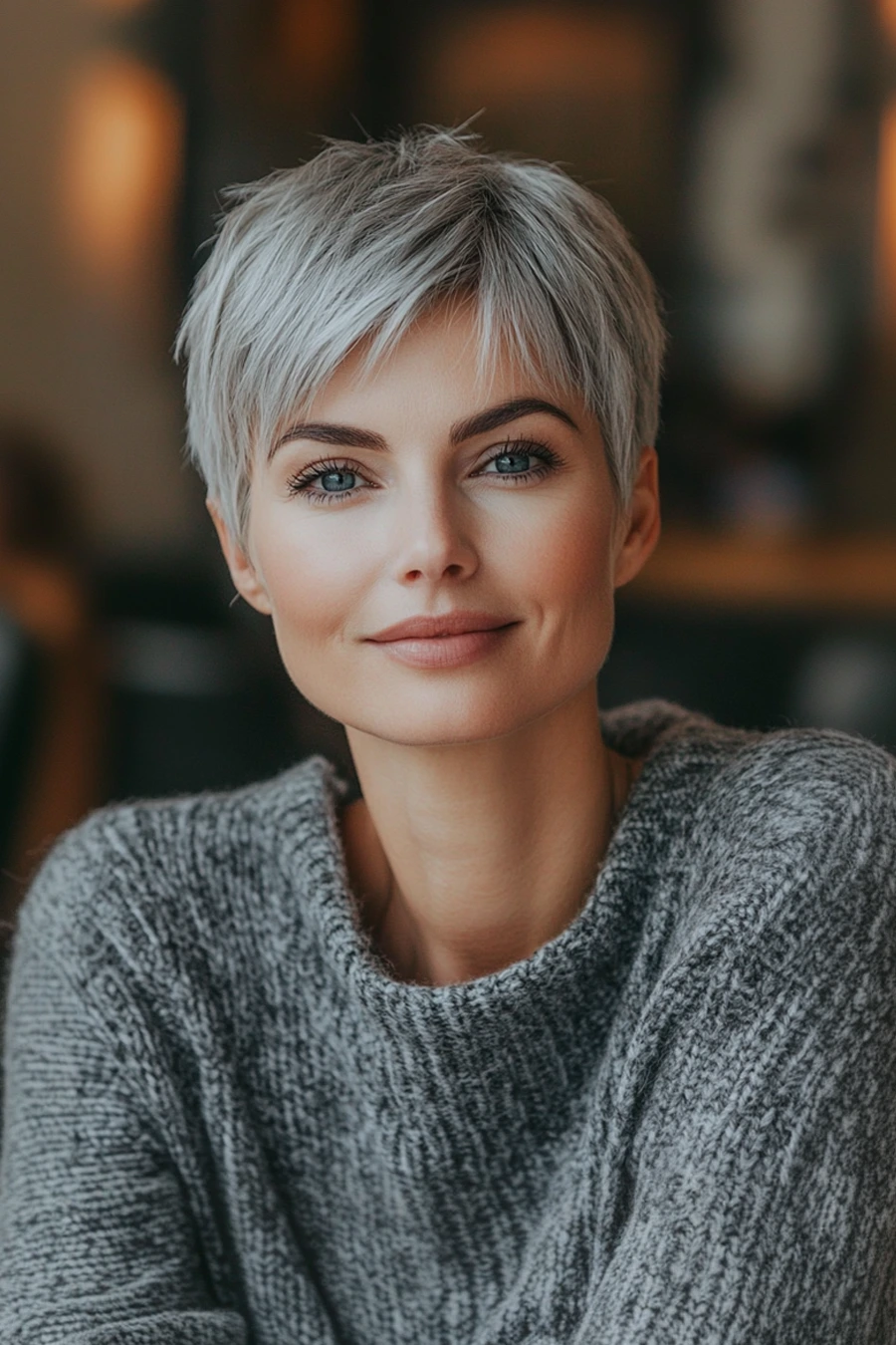 Older woman with a sleek pixie and short textured bangs