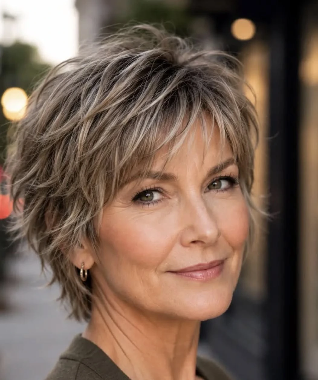 Woman over 50 with a tousled short cut and textured bangs