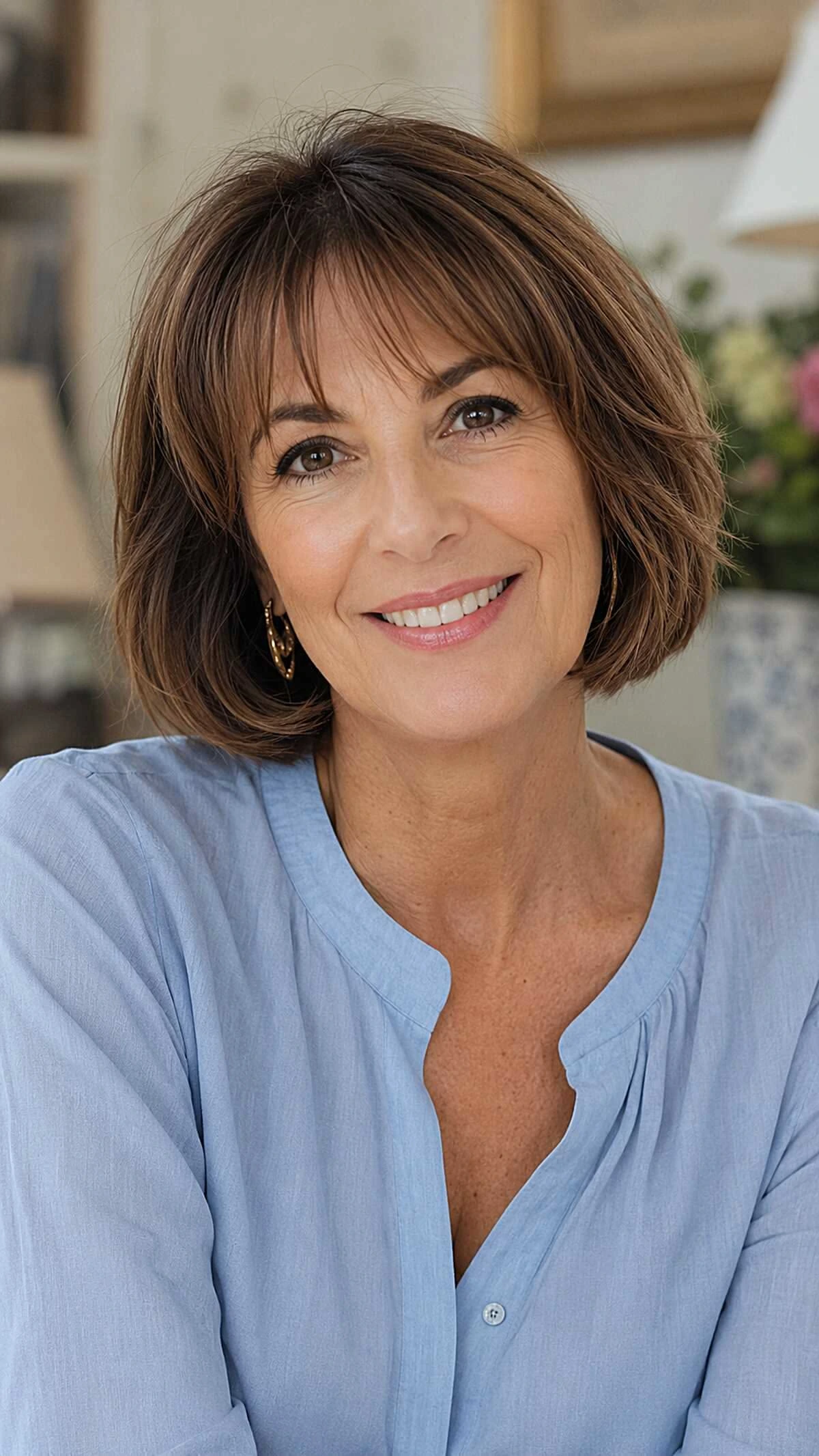 Woman over 50 with a short bob and face framing bangs