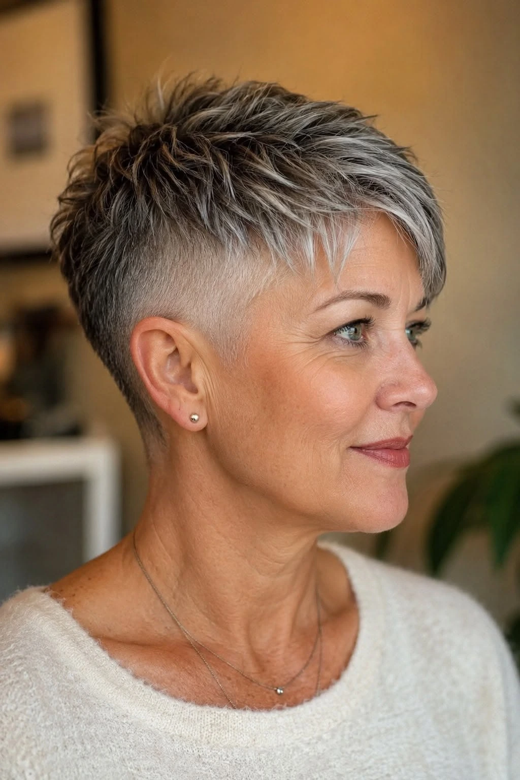 Woman with a spiky pixie haircut and faded sides