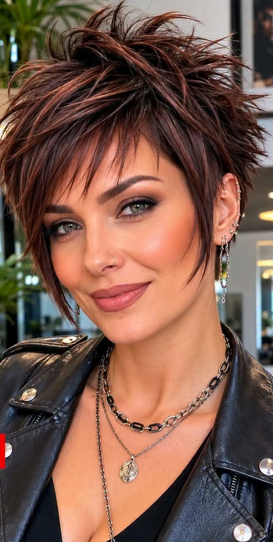 Woman with a choppy short spiky bob haircut