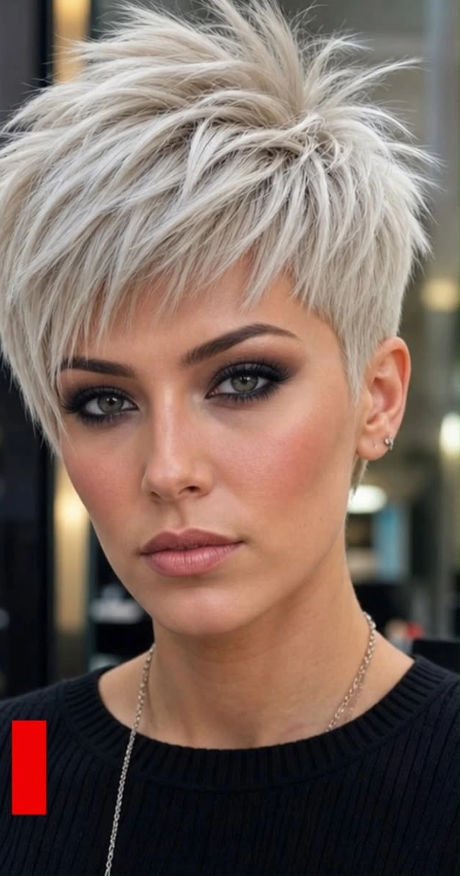 Woman with a platinum blonde short spiky pixie