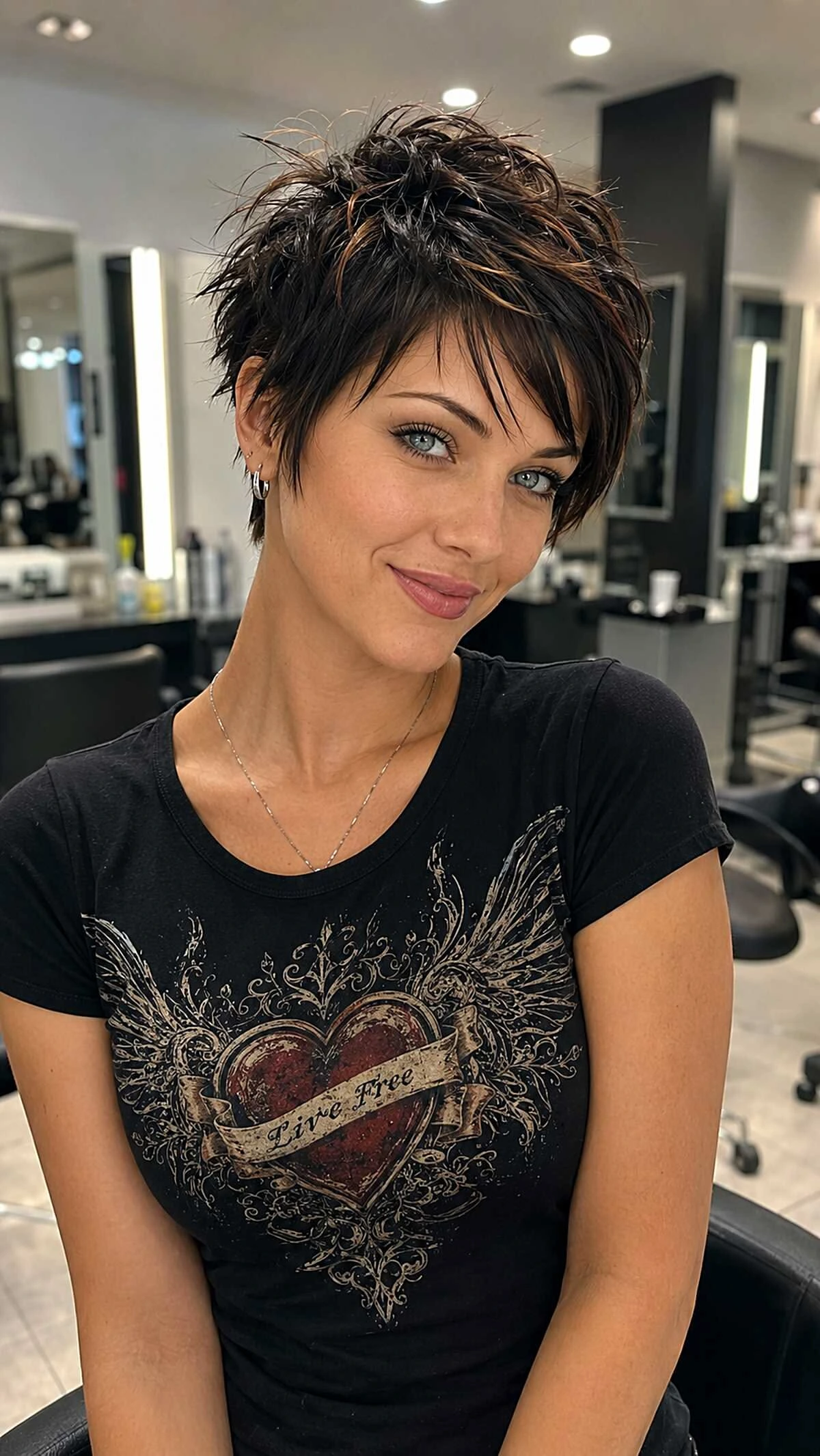 Woman with a dark spiky pixie swept to one side