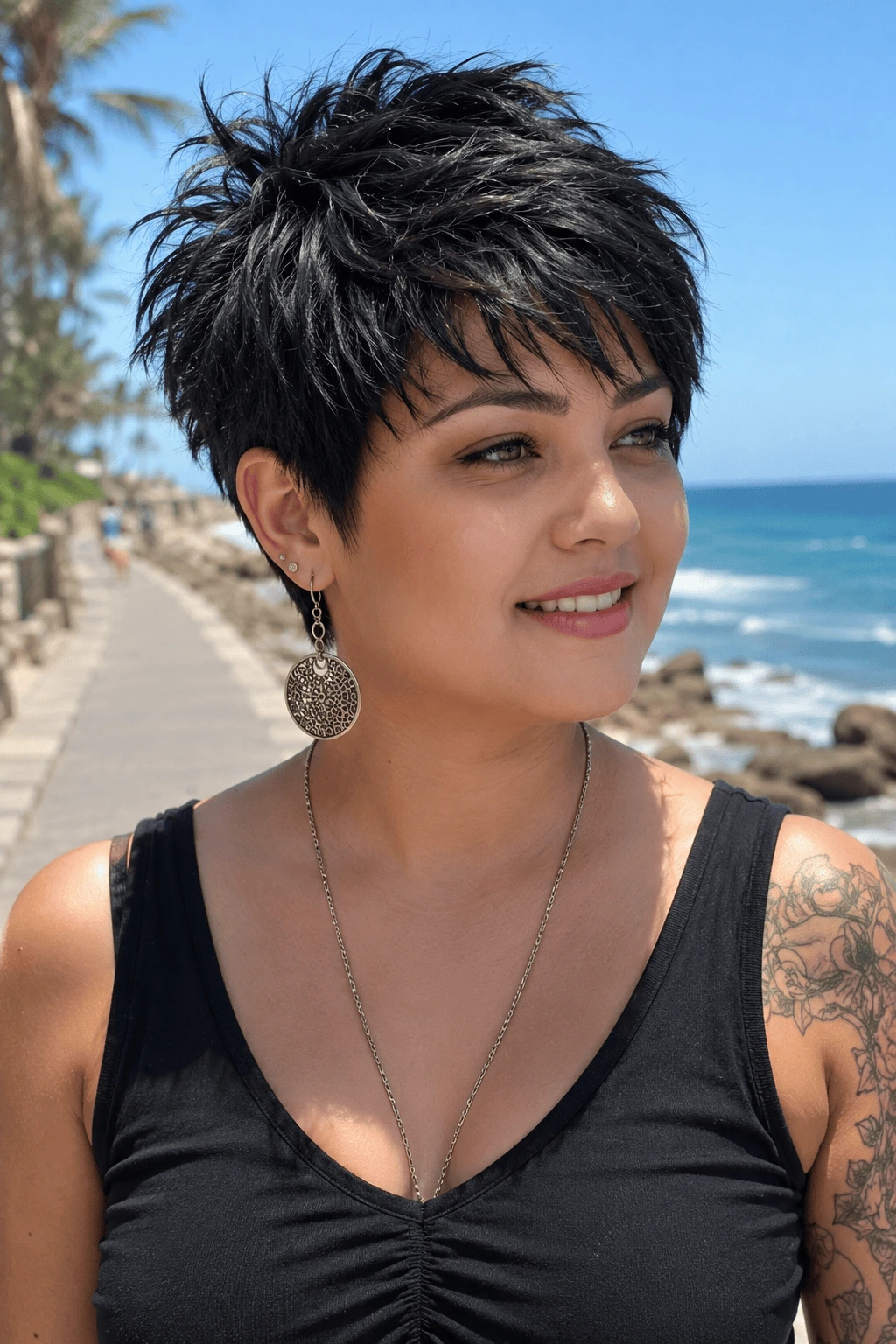 Woman with a round face wearing a soft spiky pixie