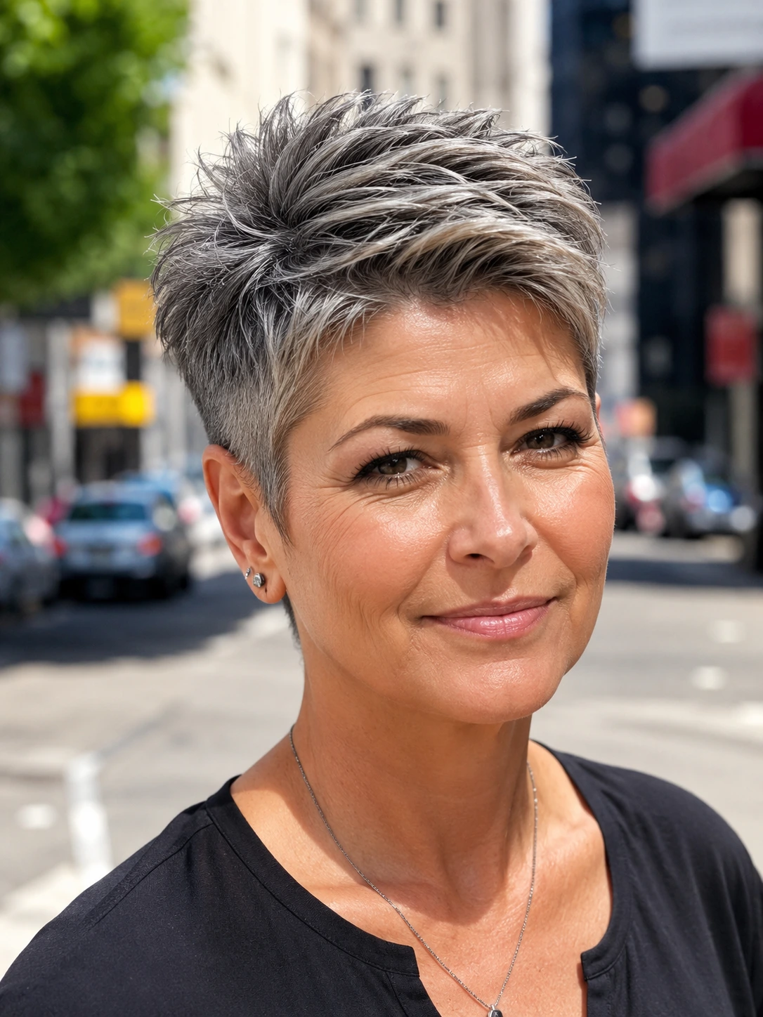 Woman over 40 with a short spiky pixie haircut