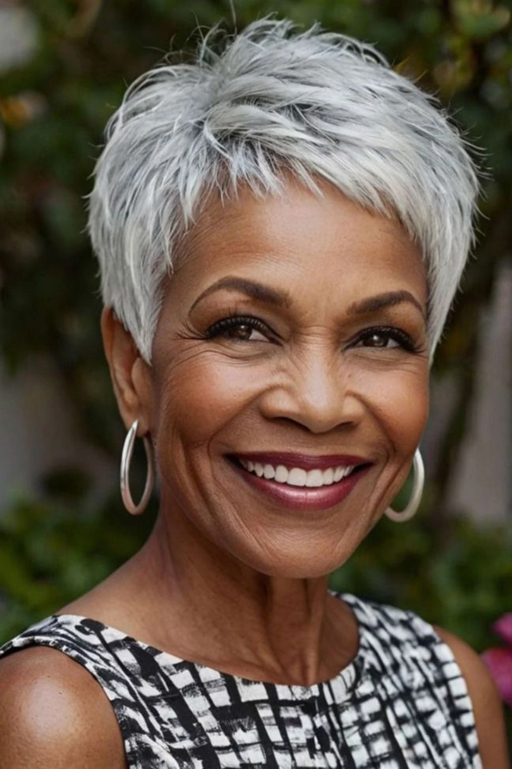 Woman over 50 with a short spiky pixie haircut