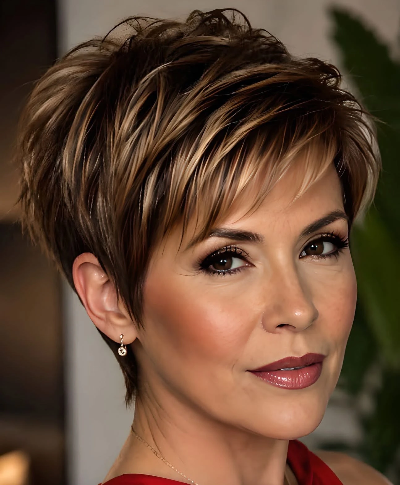 Woman with highlighted short spiky pixie haircut