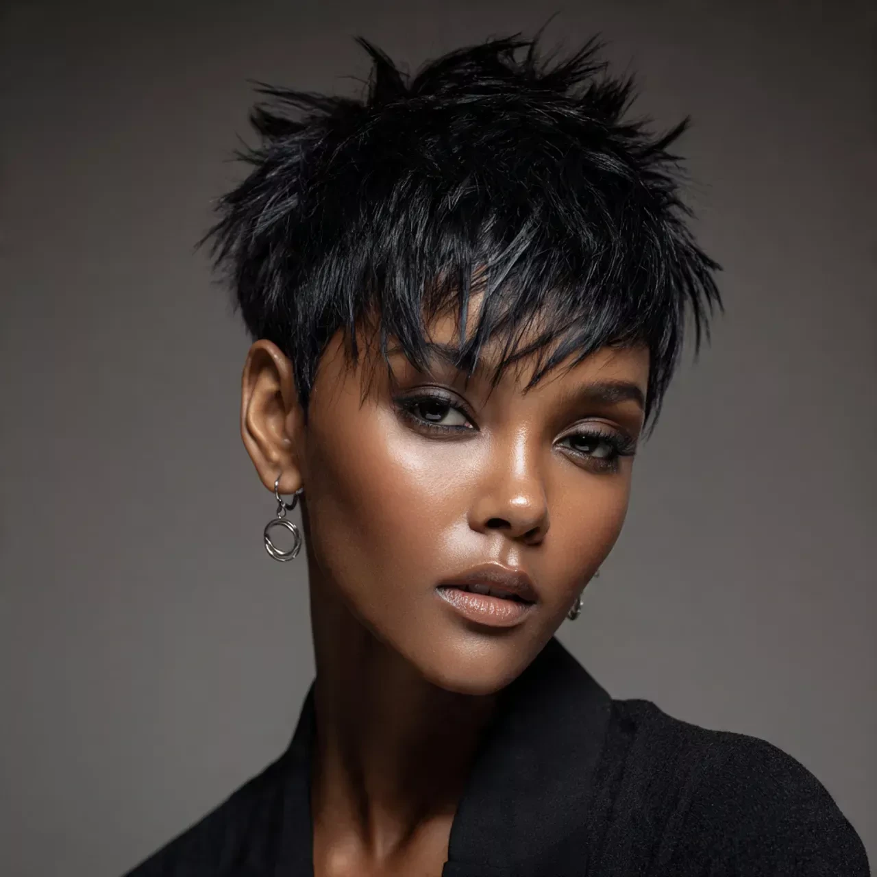Woman with a messy tousled spiky pixie haircut