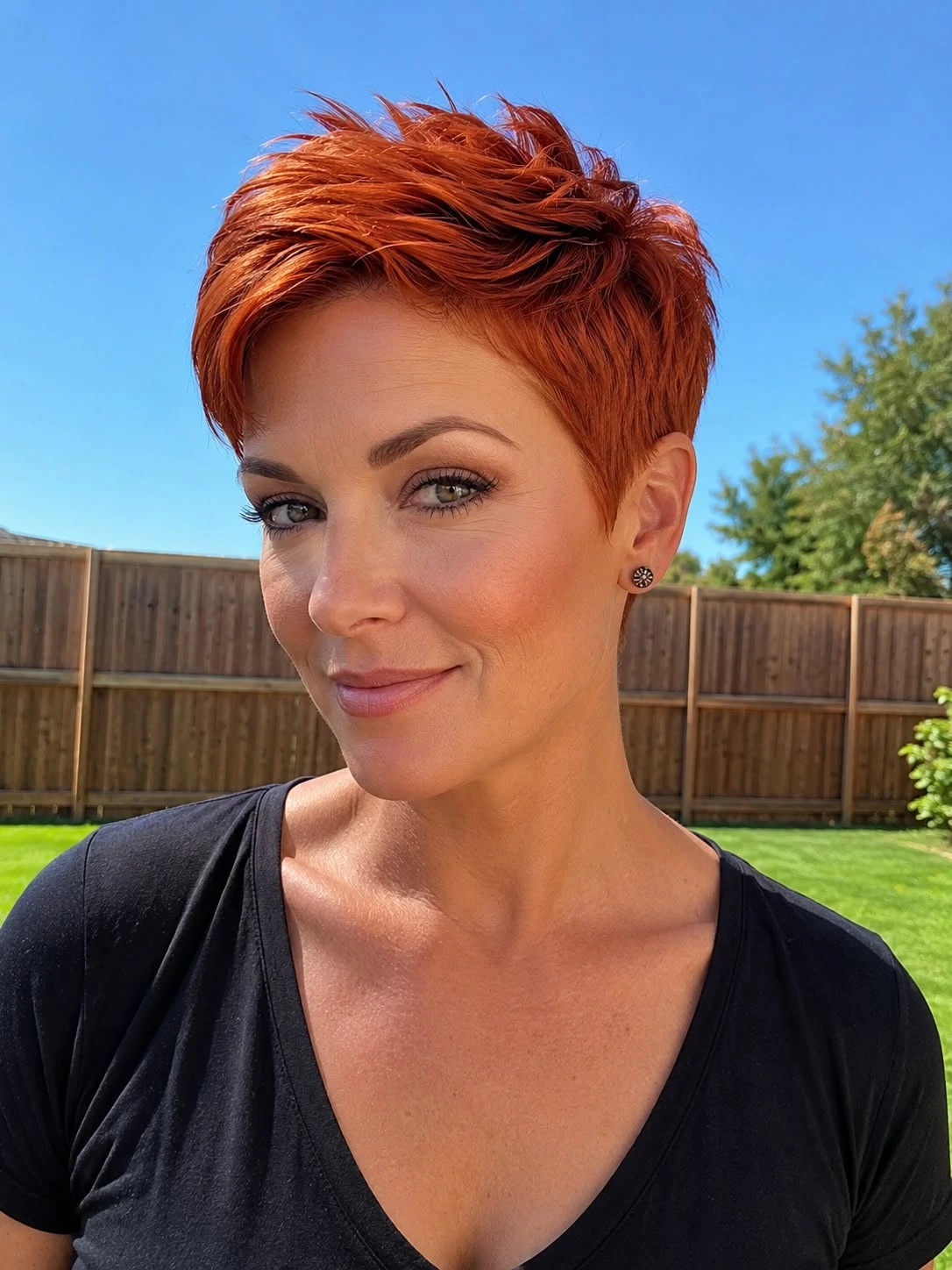 Woman with a copper red short spiky pixie