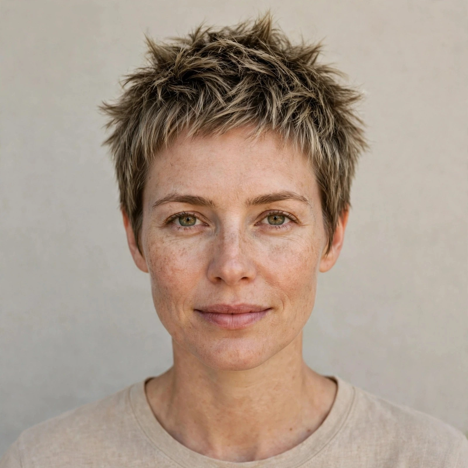 Woman with an easy low maintenance spiky pixie
