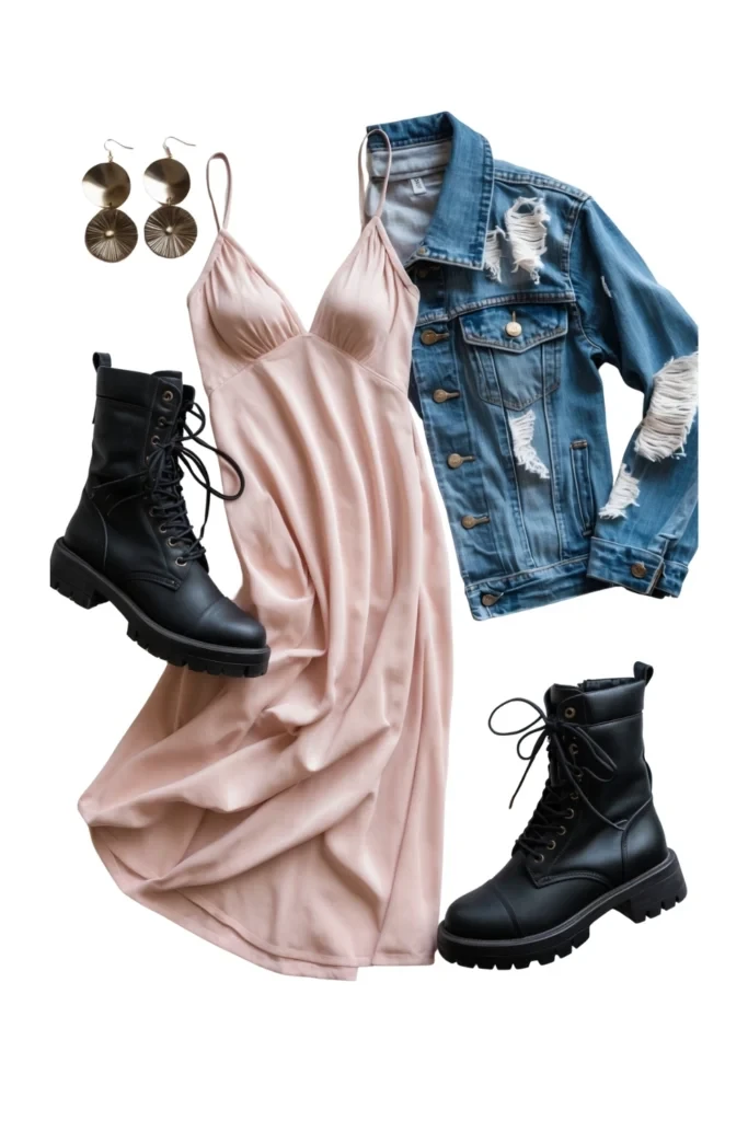 Lizzy McAlpine concert outfit: pink slip dress with denim jacket and boots flatlay
