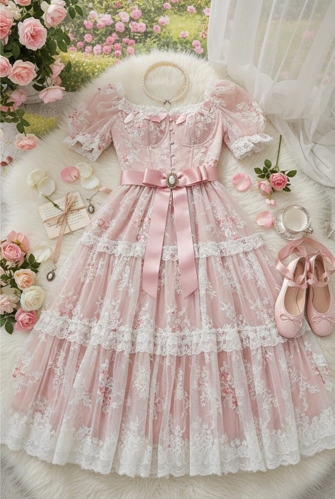 Lizzy McAlpine concert outfit: pink lolita dress flatlay with roses