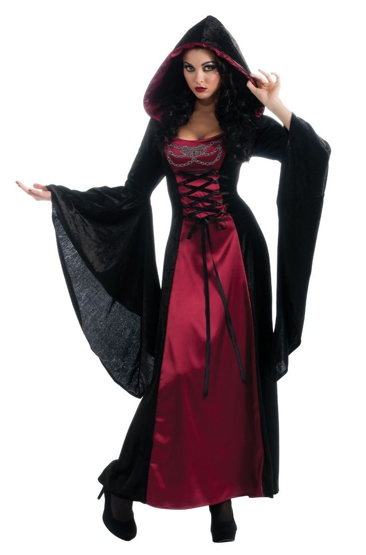 Cute midsize Halloween costume: hooded witch in red and black
