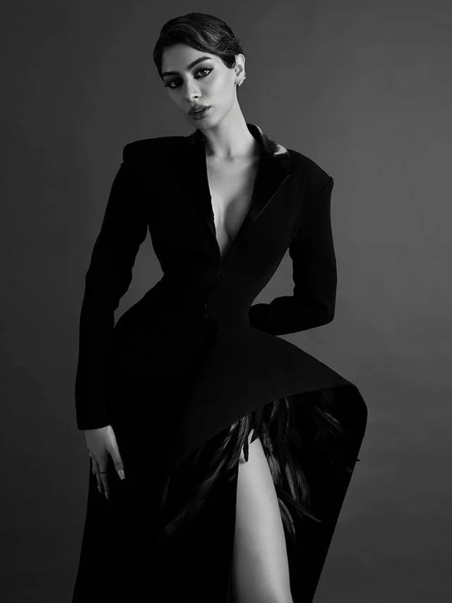 Black blazer dress with thigh high slit, mob wife outfit