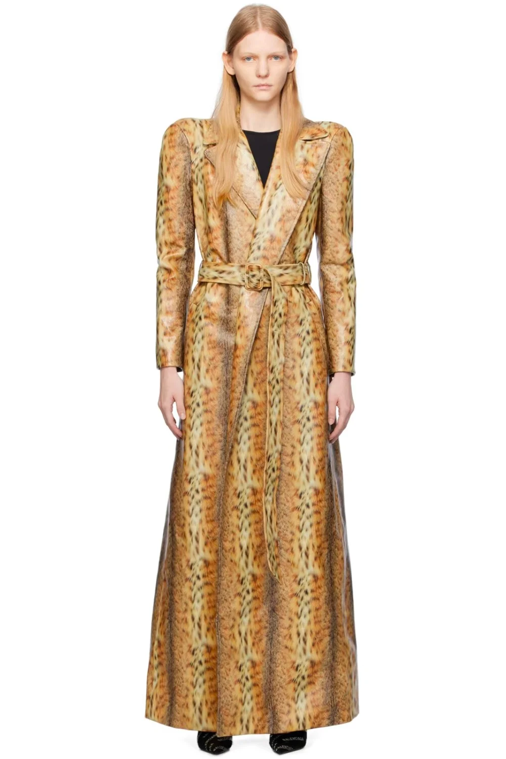 Gold snakeskin print long trench coat, mob wife outfit