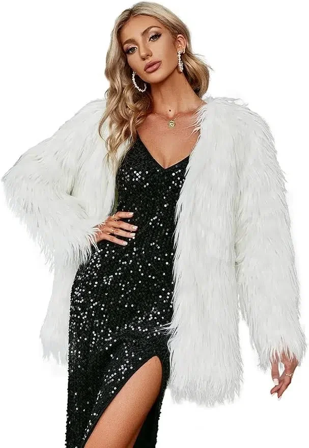 White faux fur coat over black sequin dress, mob wife outfit