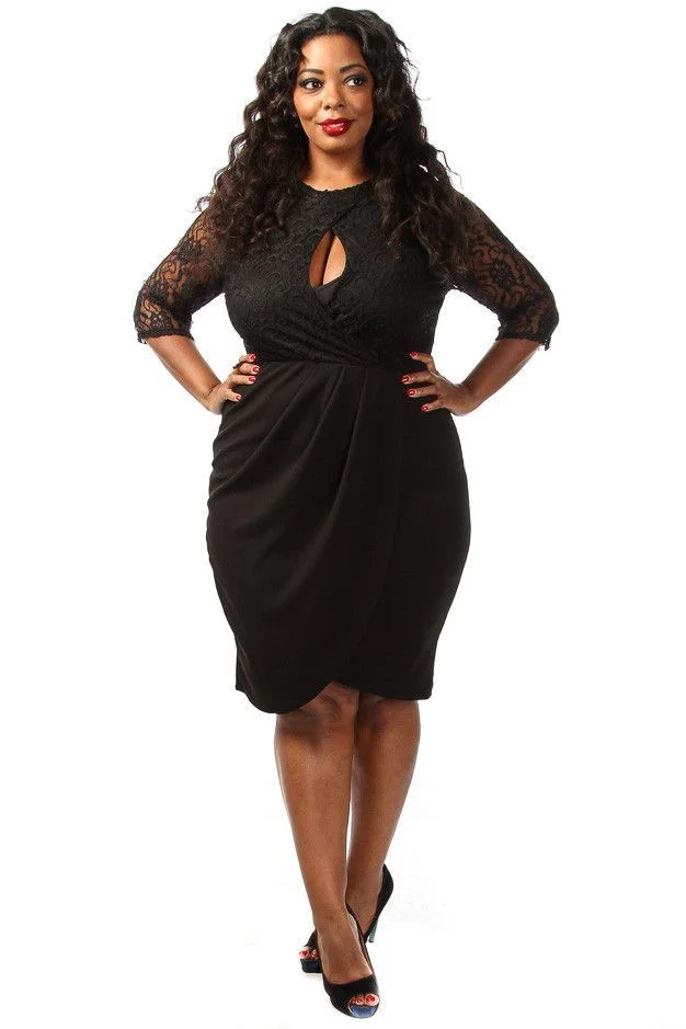 Black lace cocktail dress on a plus-size woman