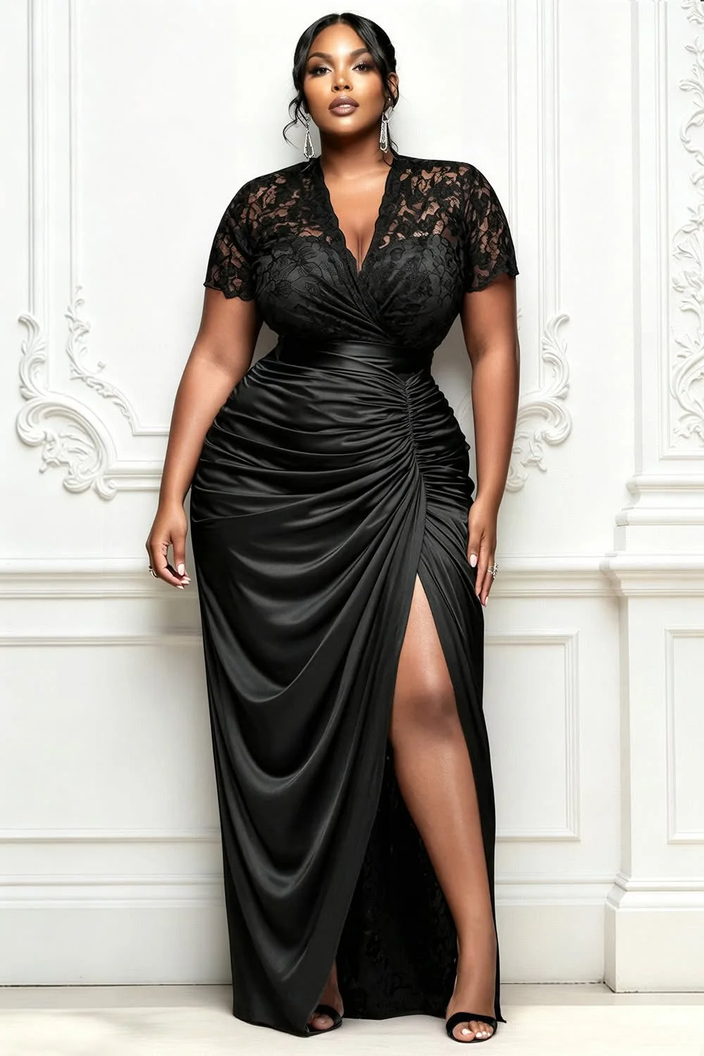 Black satin draped gown on a plus-size woman