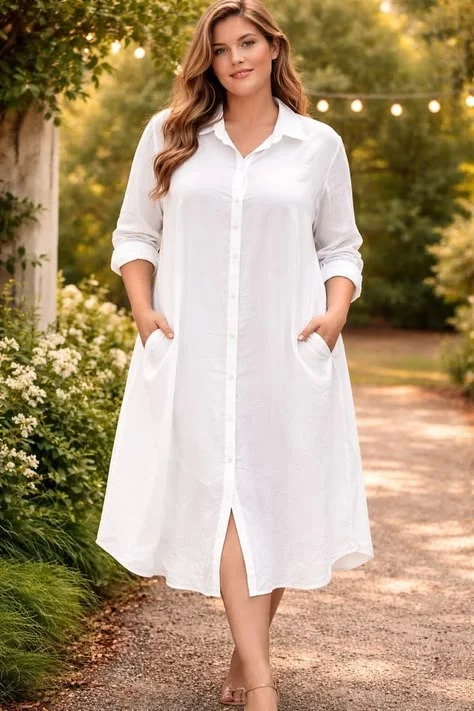 White shirt dress on a plus-size woman outdoors