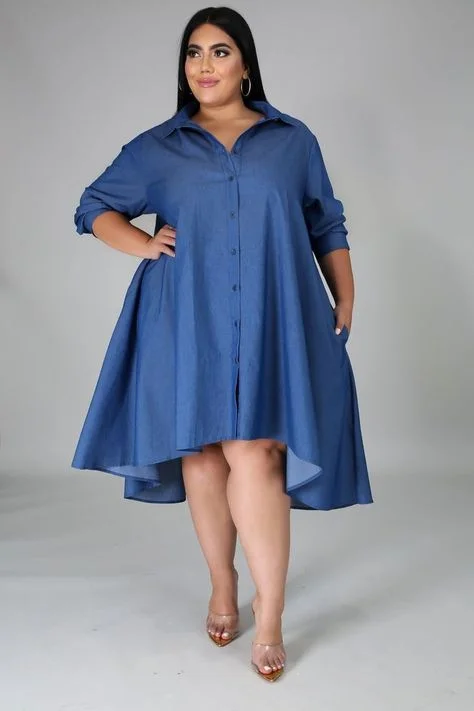 Blue chambray shirt dress on a plus-size woman
