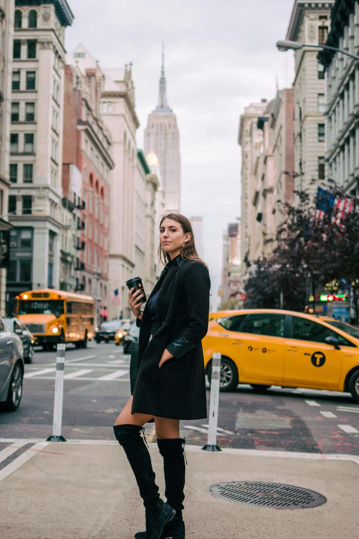 NYC fall outfit: black coat outfit with Empire State Building view