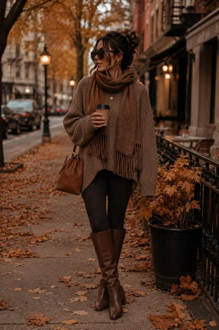 NYC fall outfit: brown cape coat autumn leaves street