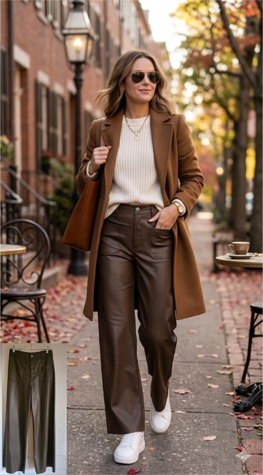 NYC fall outfit: brown blazer with wide leg trousers
