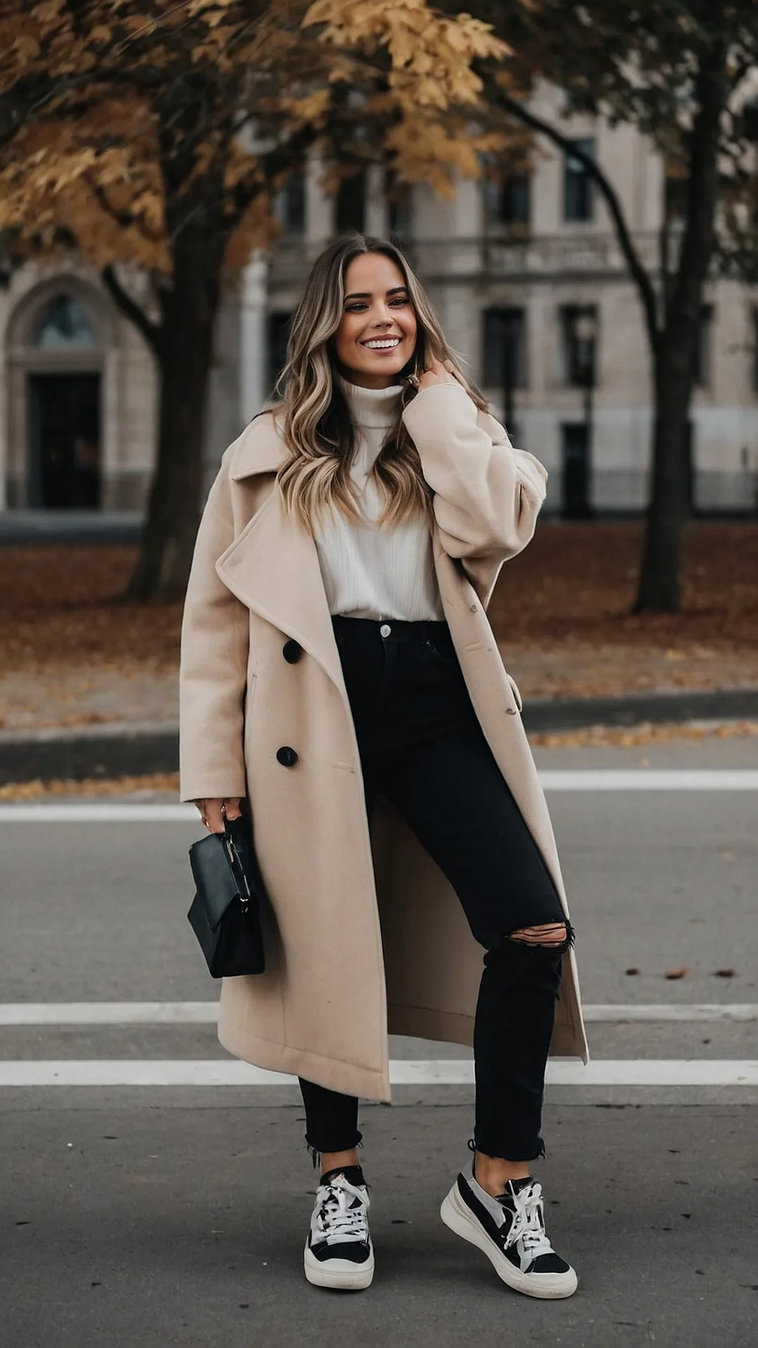 NYC fall outfit: trench coat with ripped jeans and sneakers