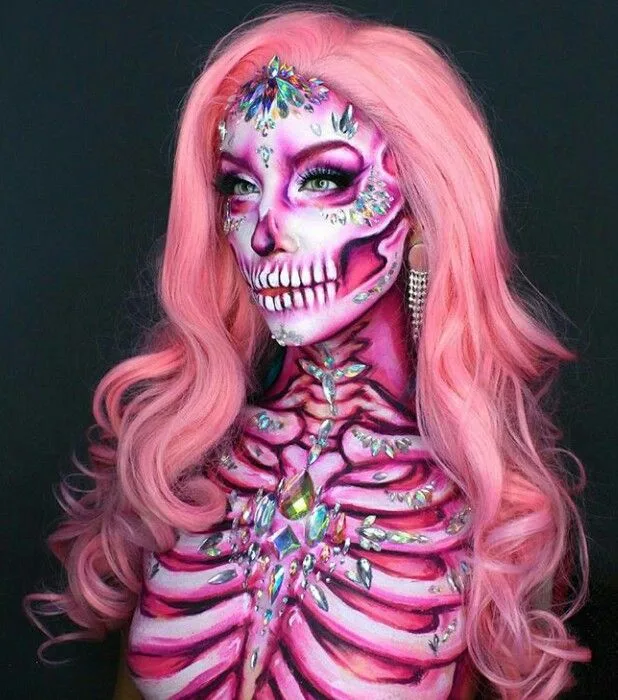 Pink hair halloween costume: pink skeleton makeup