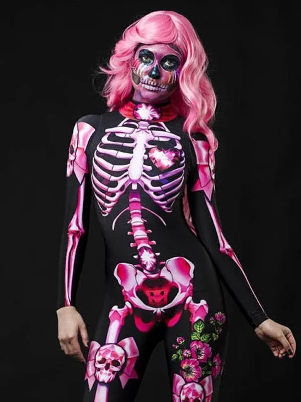 Pink hair halloween costume: pink skeleton bodysuit