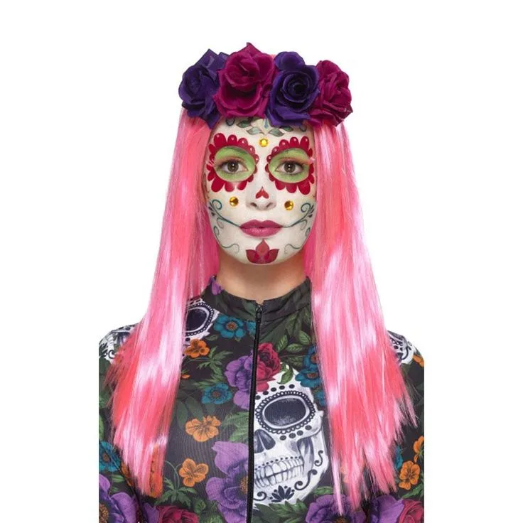 Pink hair halloween costume: pink sugar skull makeup