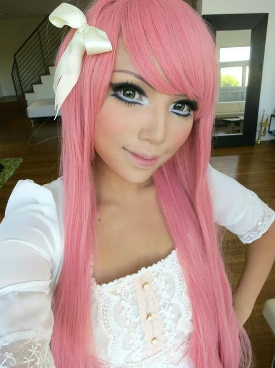 Pink hair halloween costume: long pink hair white top