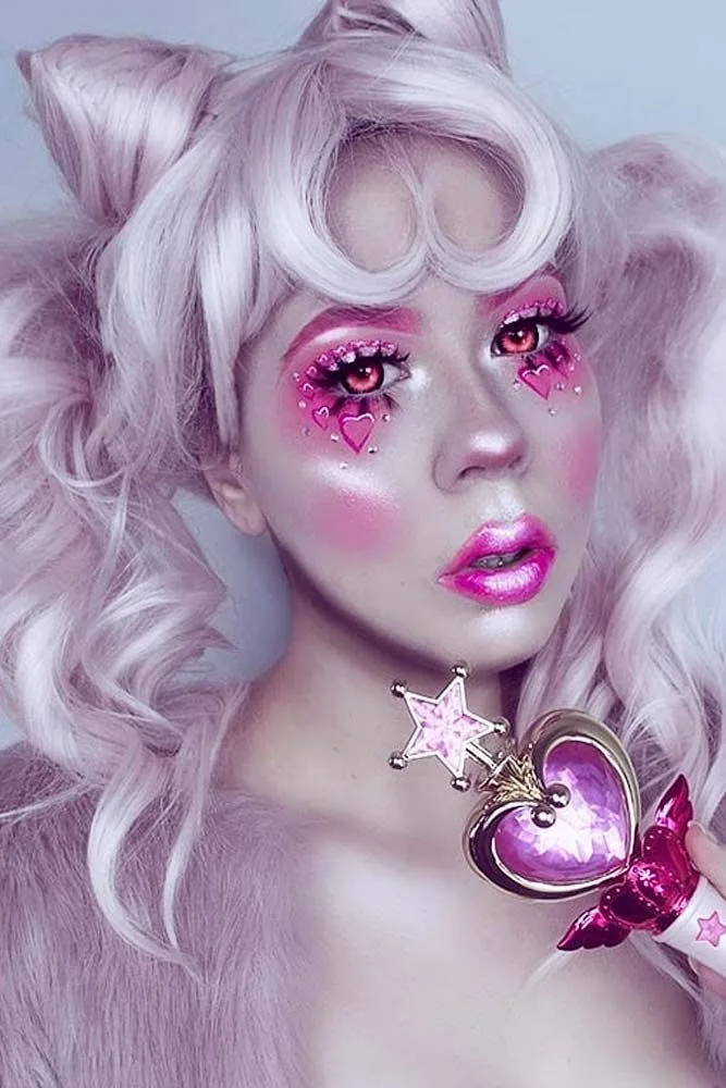 Pink hair halloween costume: pink cat fairy makeup