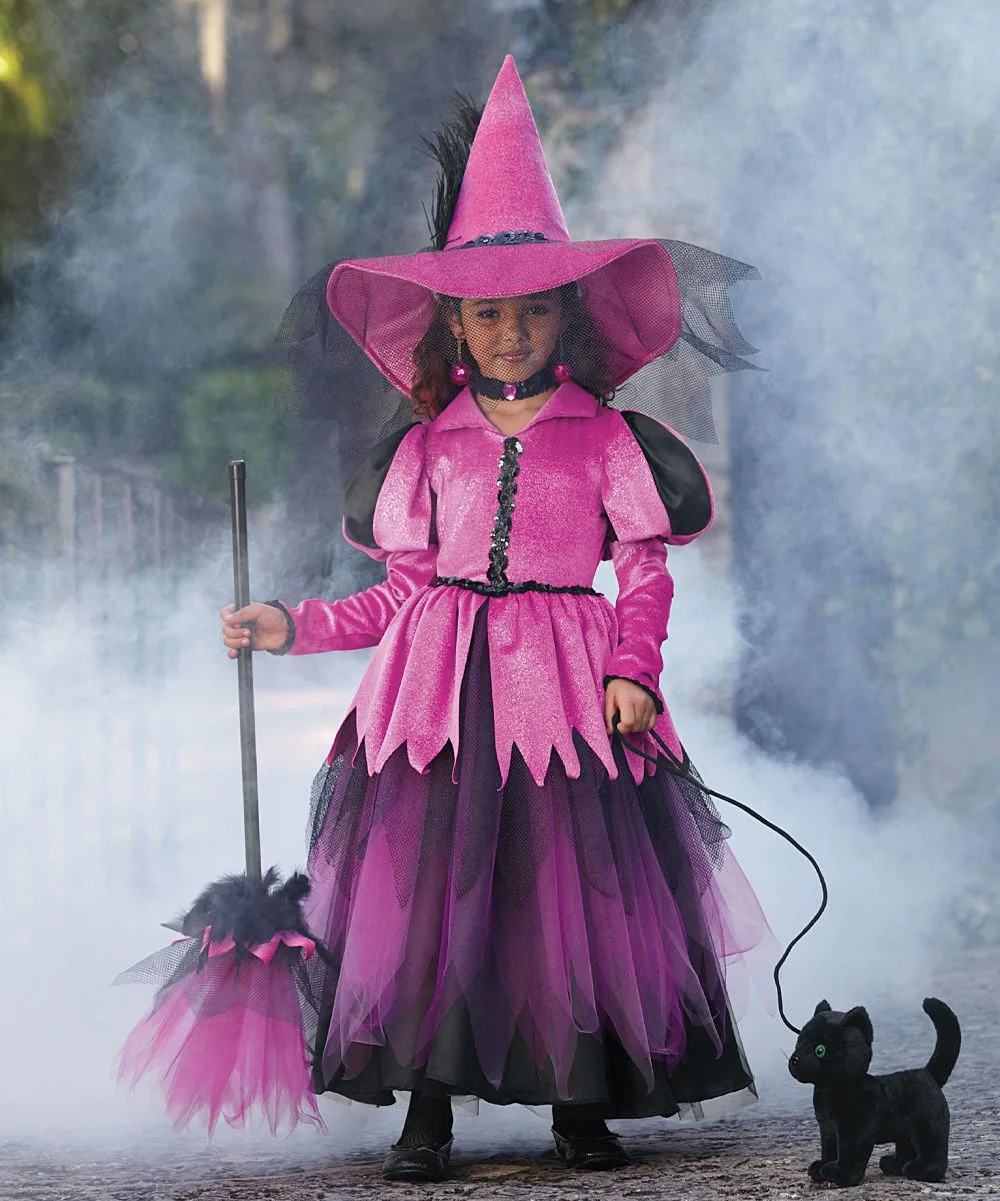 Pink hair halloween costume: pink witch with broom and black cat