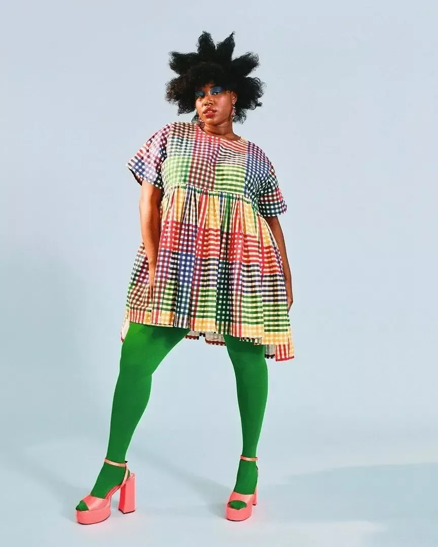 Rainbow gingham patchwork dress with green tights and pink platform heels
