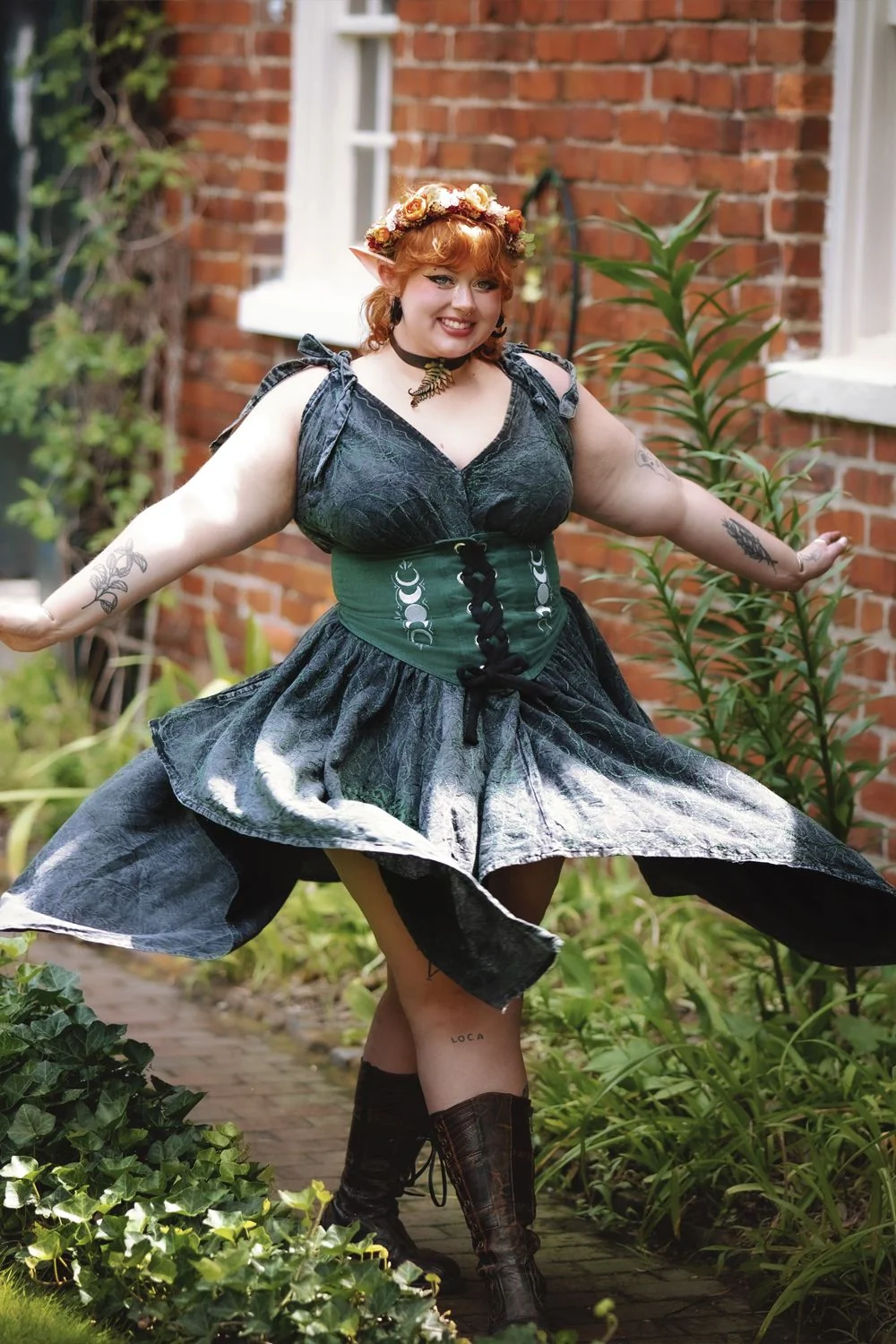 Elf-ear fairy dress with flower crown, moon-phase corset belt and boots
