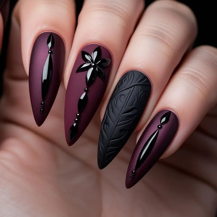 Plum fall nails: black plum stiletto nails with 3D flower