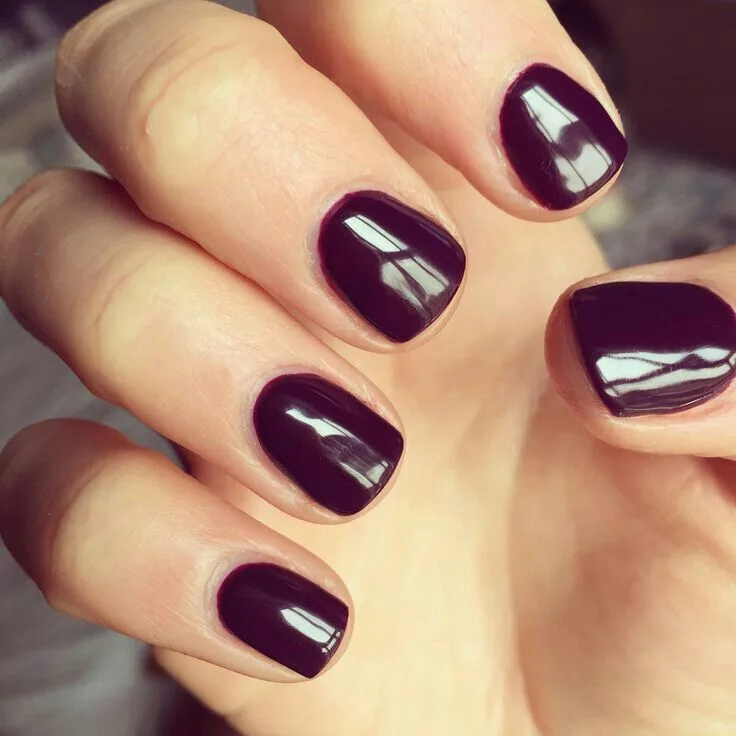 Plum fall nails: short glossy plum oval nails