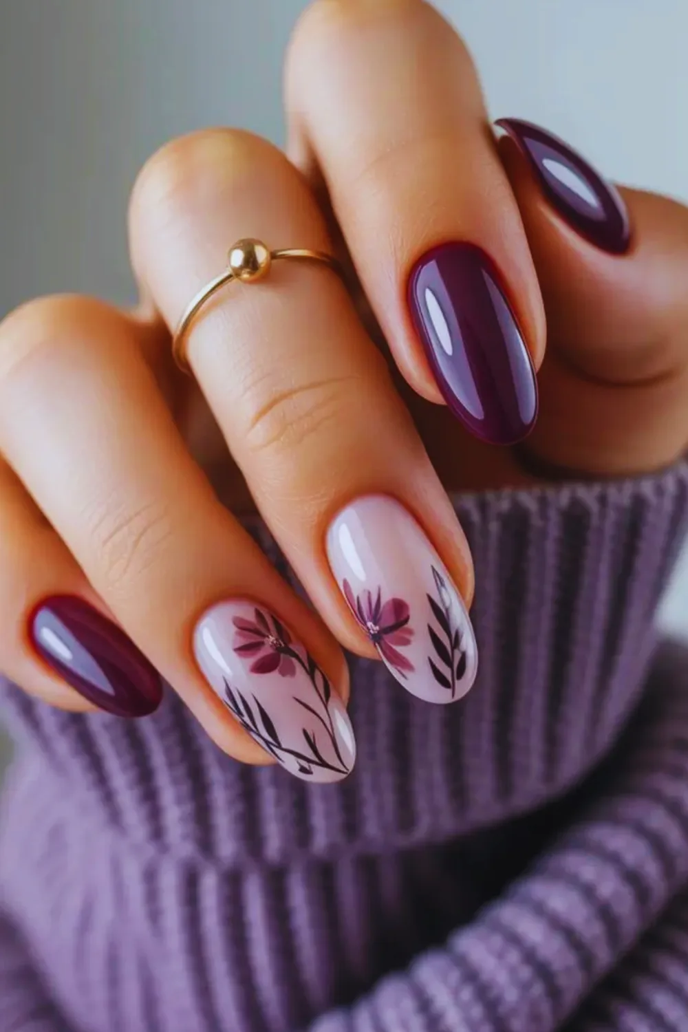 Plum fall nails: plum nails with floral accent art