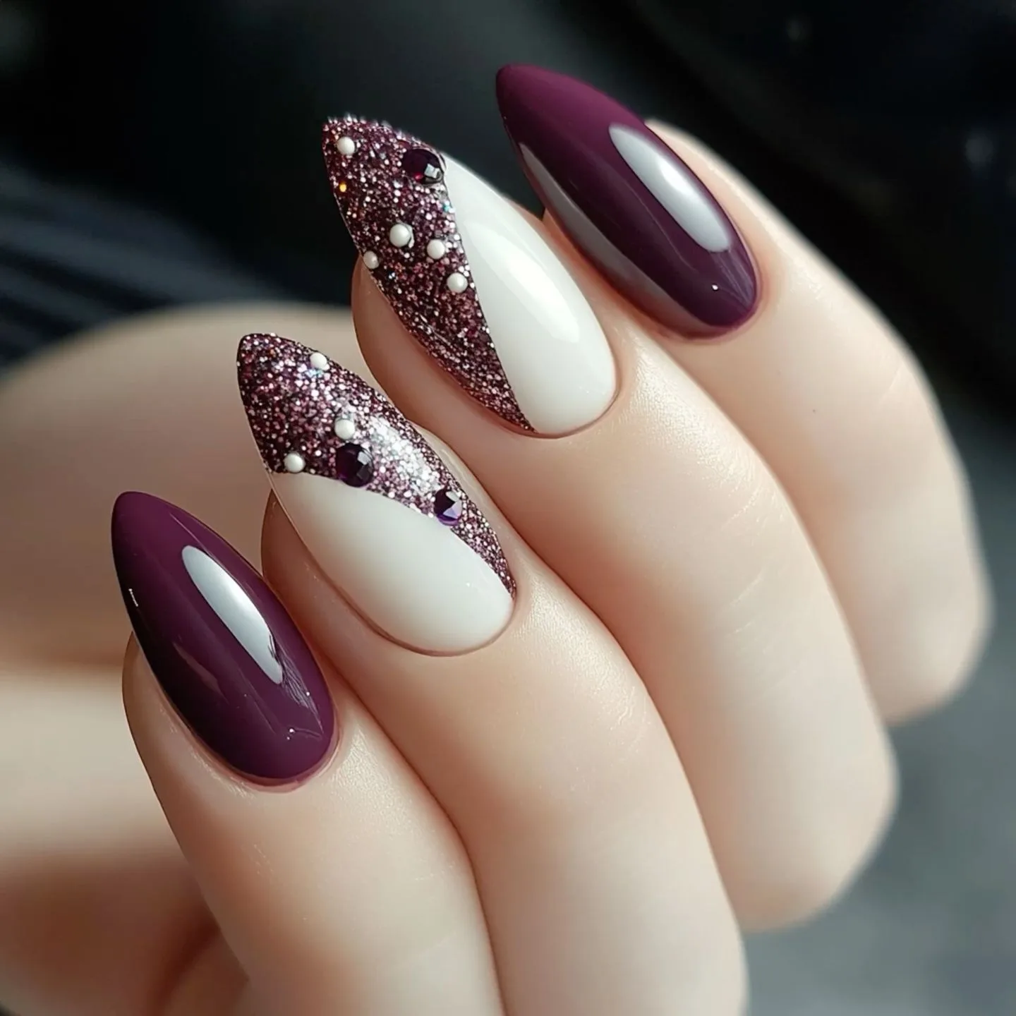 Plum fall nails: plum and white glitter French nails