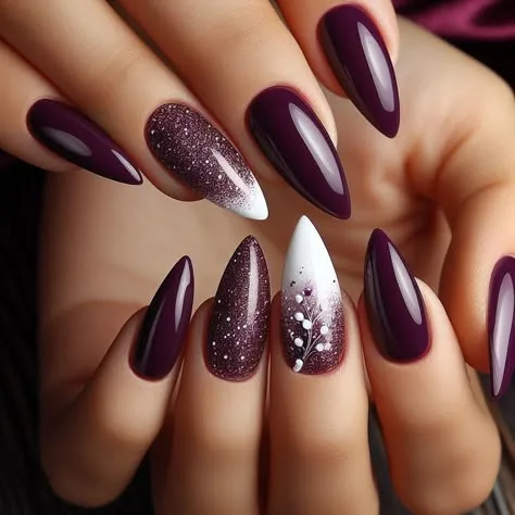 Plum fall nails: silver glitter plum stiletto nails