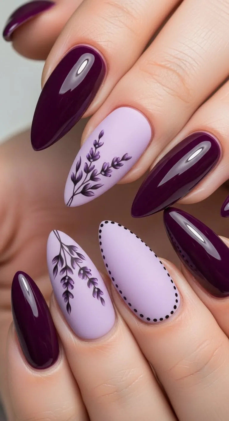 Plum fall nails: lavender plum floral nail art