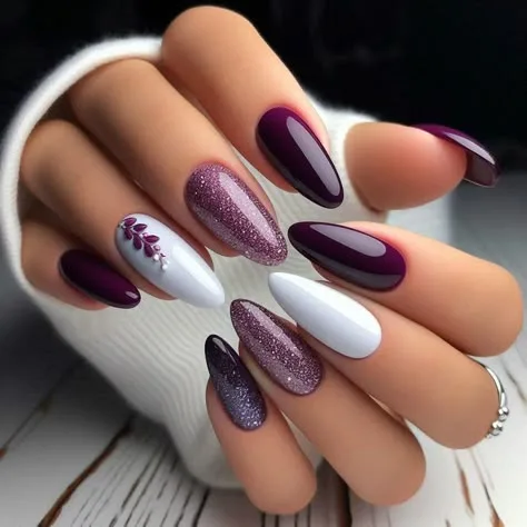 Plum fall nails: plum white and grey mixed manicure