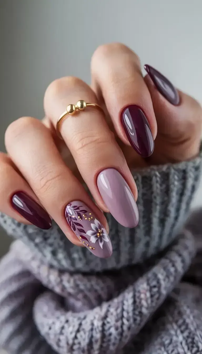 Plum fall nails: soft mauve plum nails with sweater
